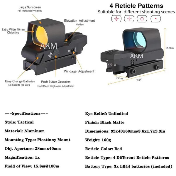 Tactical Reflex Sight Red Green Lighting Reticle Holographic Projected Red Dot Sight Airgun Scope Hunting 11mm/20mm Rail Mount