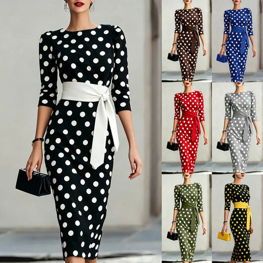 Women's Elegant Polka Dot Bodycon Midi Dress | Cross-Tie Slim Fit Party Dress