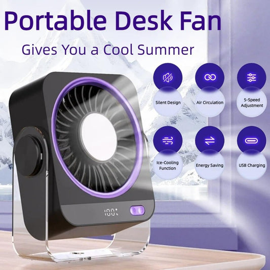 Rechargeable USB Desk Fan | 5-Speed Quiet Portable Fan with Cooling & Digital Display