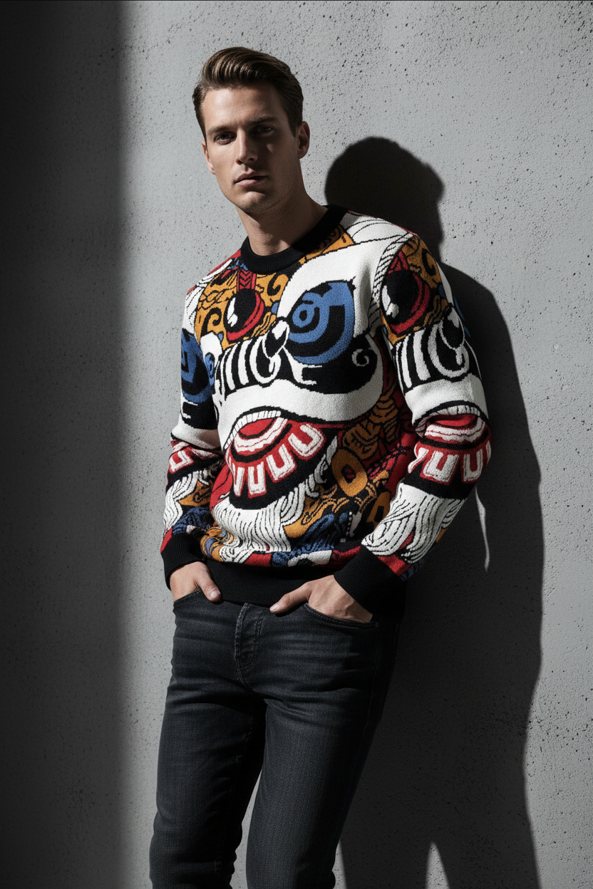 Luxury Lion Dance Jacquard Sweater - Artistic Pattern Knitwear