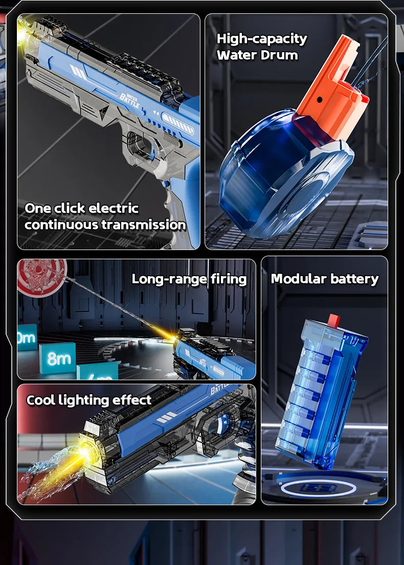 Electric Water Battle Gun – Auto Squirt Pistol with LED Light & 500ml Drum Tank