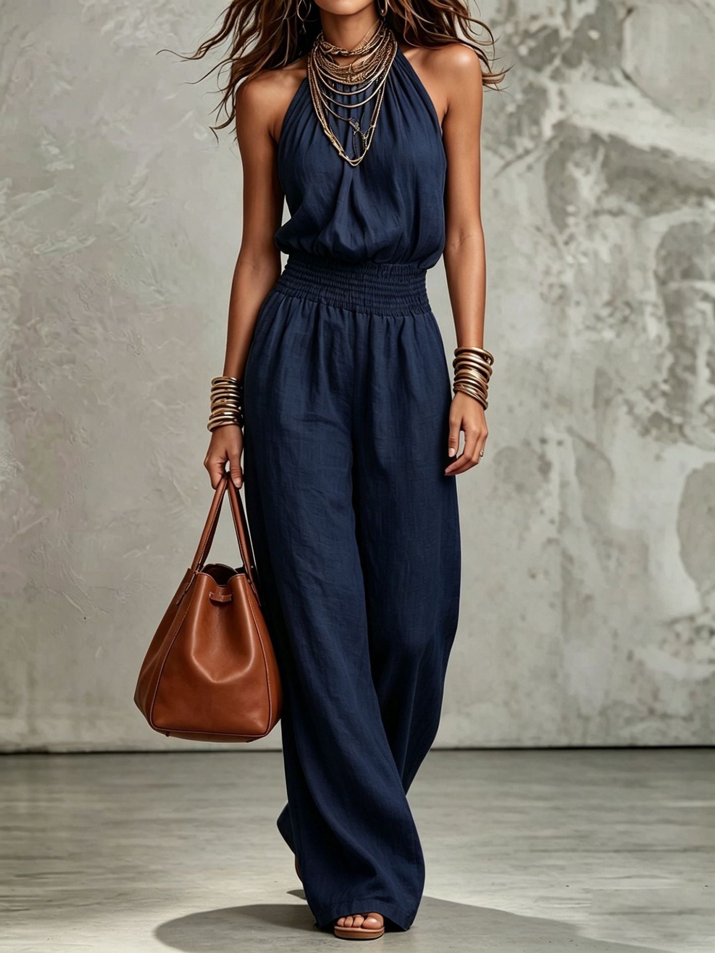 Women's Sleeveless Backless Halter Jumpsuit | Wide-Leg Lace-Up Onesie