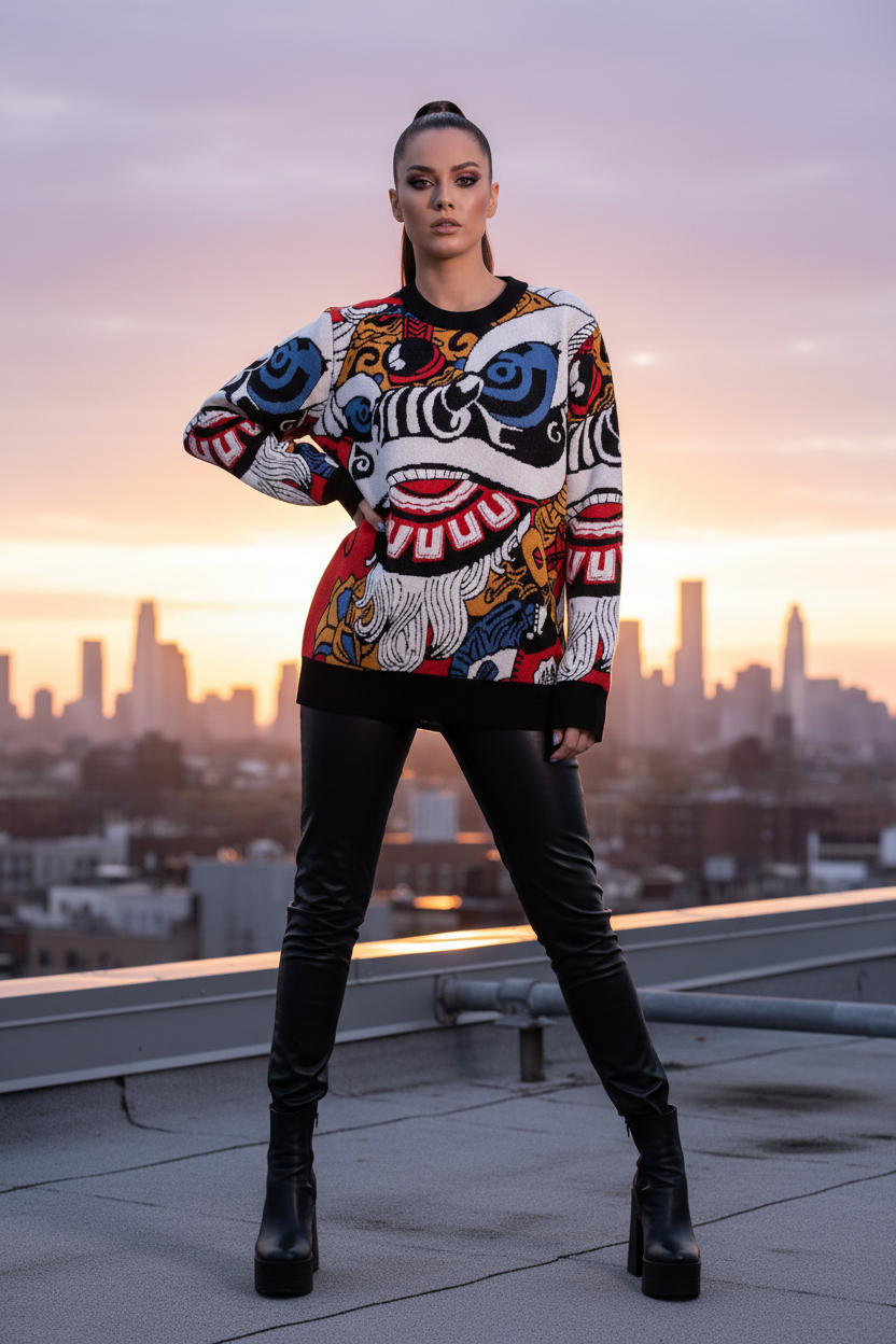 Luxury Lion Dance Jacquard Sweater - Artistic Pattern Knitwear