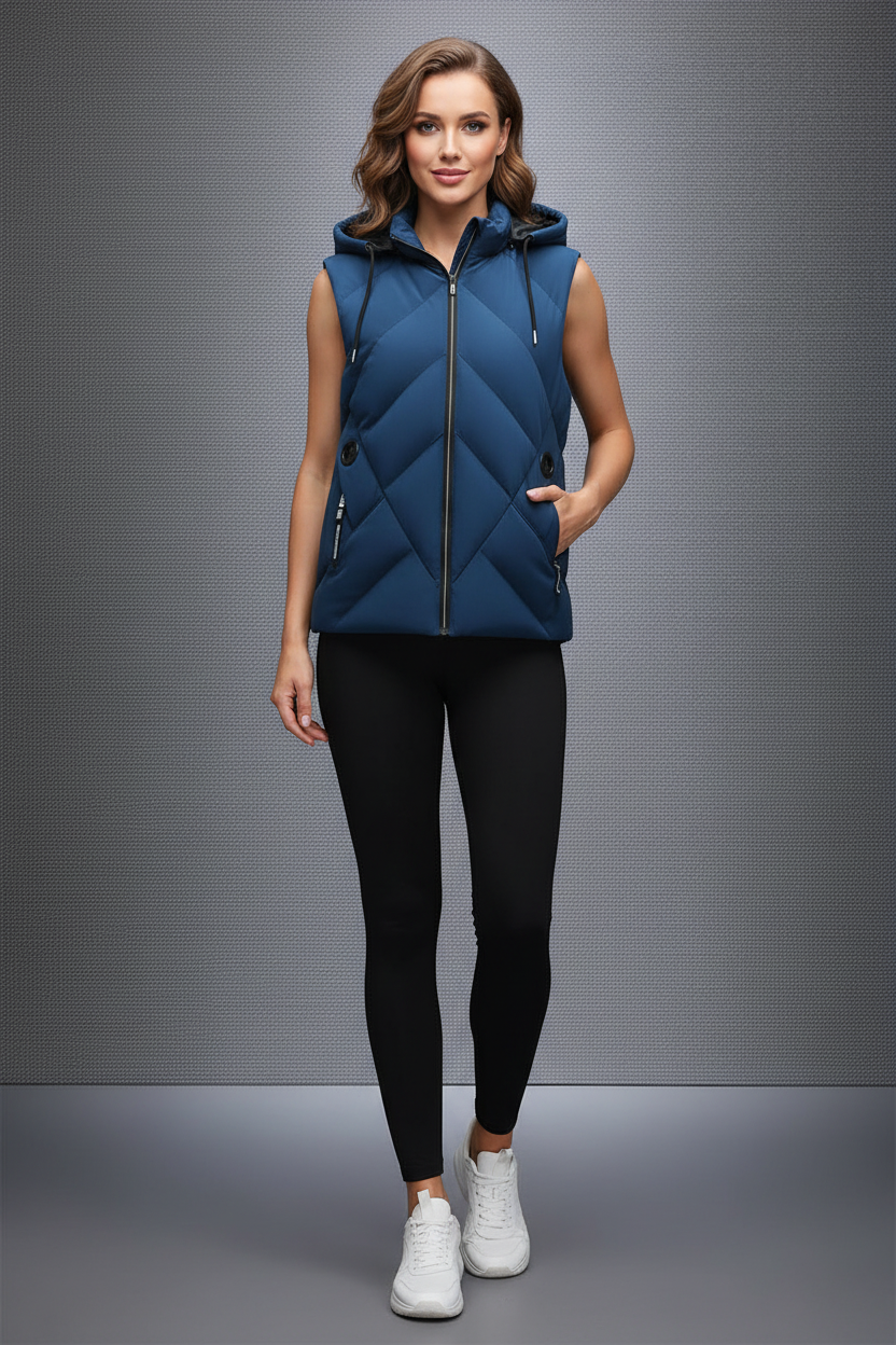 欧美女模特穿深蓝色马甲