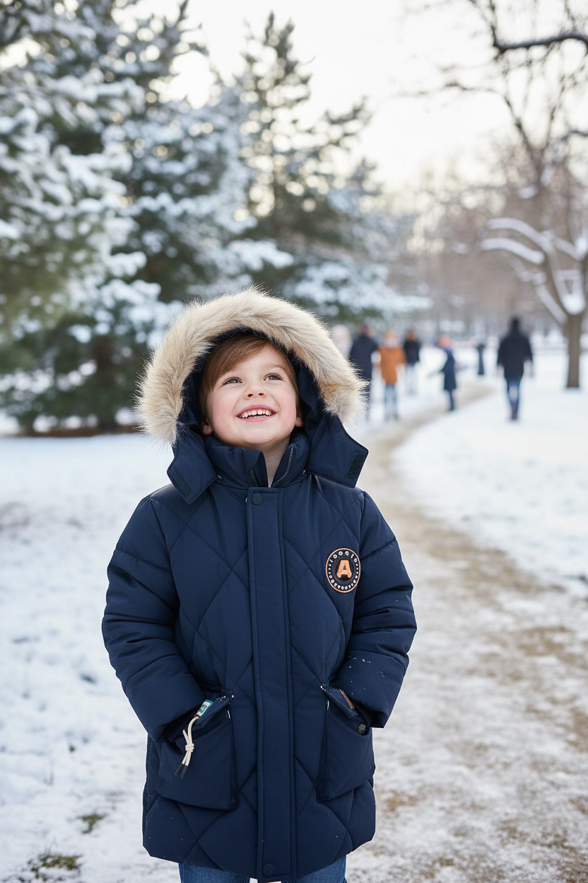 深蓝色羽绒服公园模特图