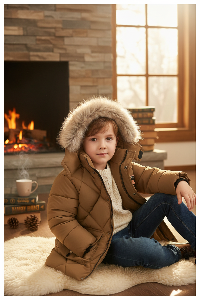 驼色羽绒服生活场景模特图