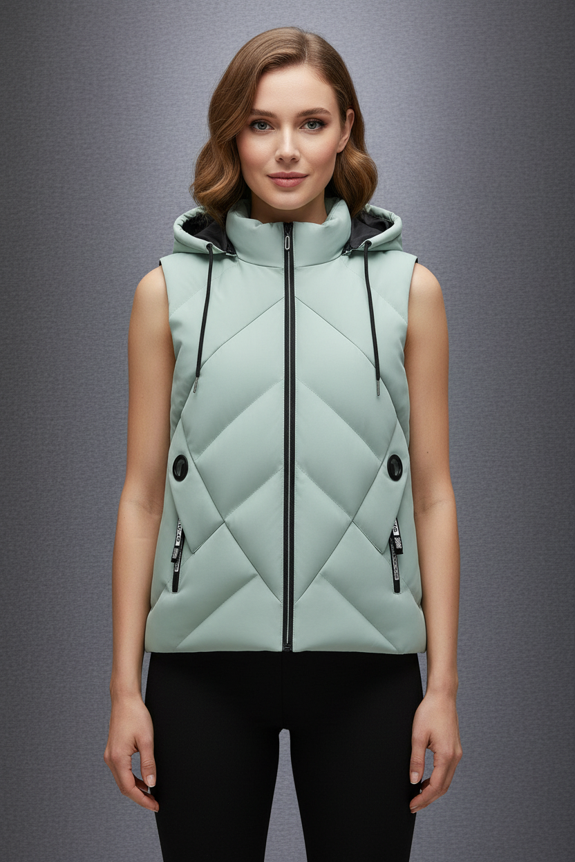 欧美女模特穿浅绿色马甲