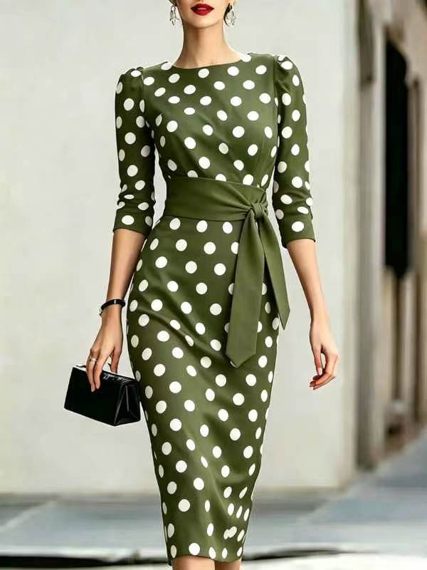 Women's Elegant Polka Dot Bodycon Midi Dress | Cross-Tie Slim Fit Party Dress