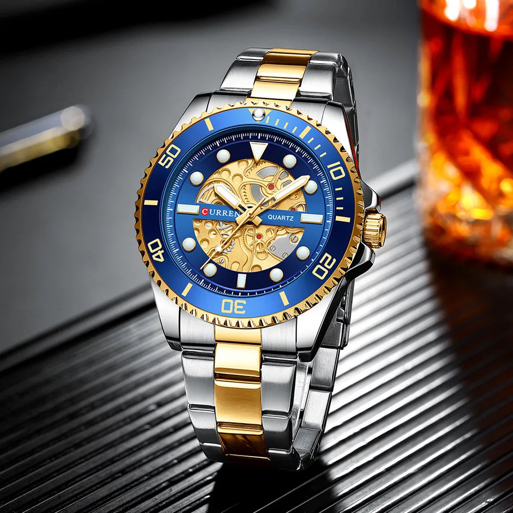CURREN Men's Skeleton Quartz Watch – Two-Tone Stainless Steel Diver Style