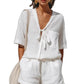 Women's Summer Lace-Up Short Sleeve Shirt & Loose Shorts 2-Piece Set