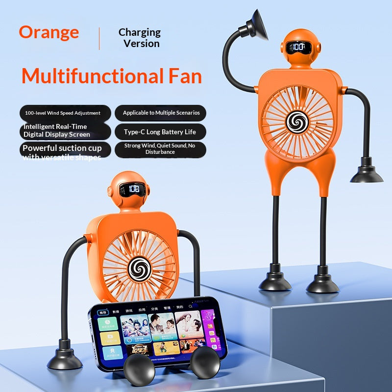 Robot USB Rechargeable Desk Fan | Mini Digital Display Table Fan with Suction Cup