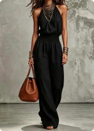 Women's Sleeveless Backless Halter Jumpsuit | Wide-Leg Lace-Up Onesie