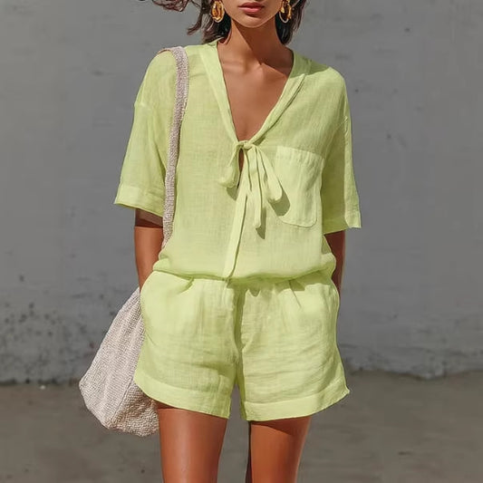 Women's Summer Lace-Up Short Sleeve Shirt & Loose Shorts 2-Piece Set