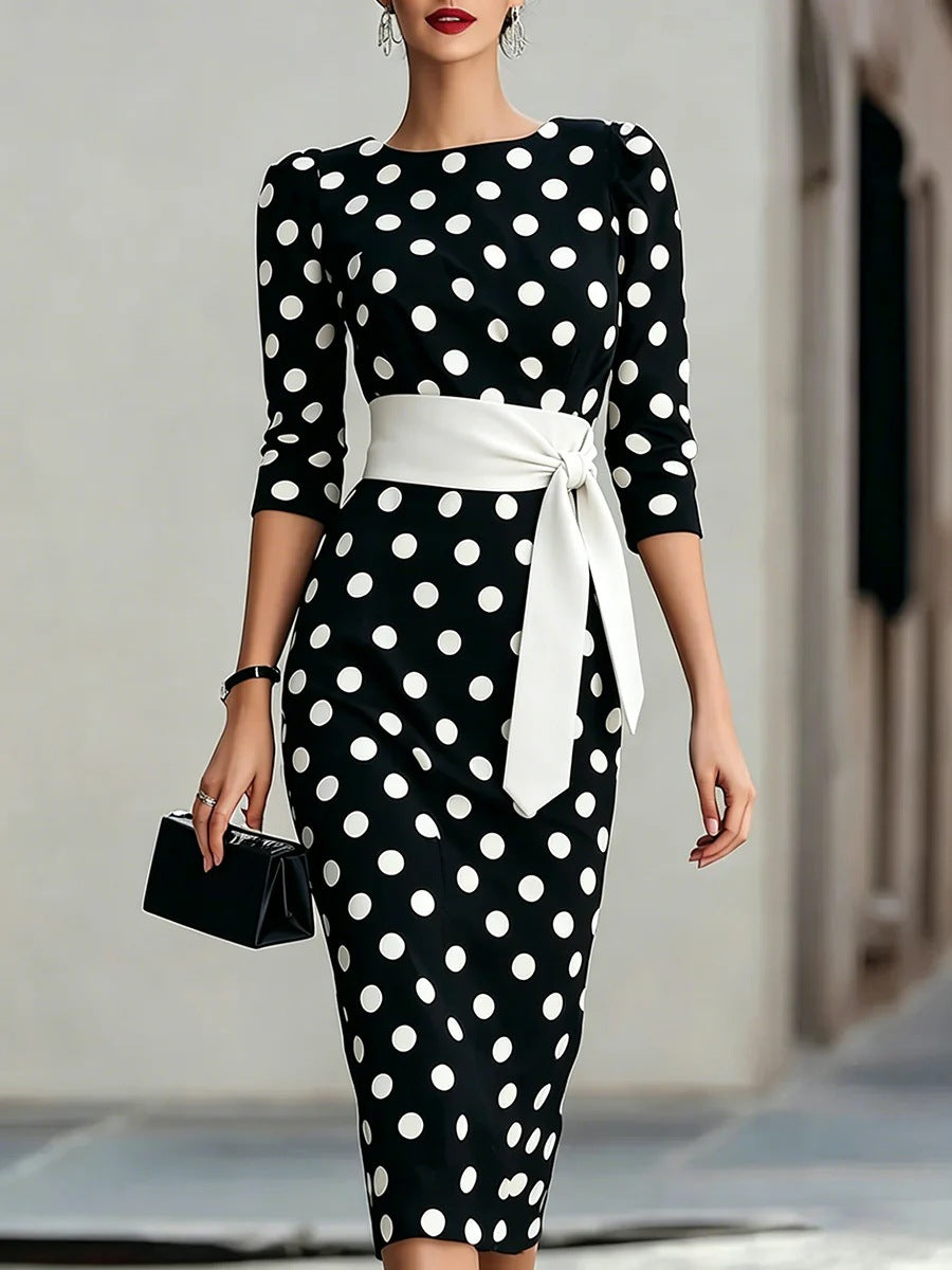 Women's Elegant Polka Dot Bodycon Midi Dress | Cross-Tie Slim Fit Party Dress