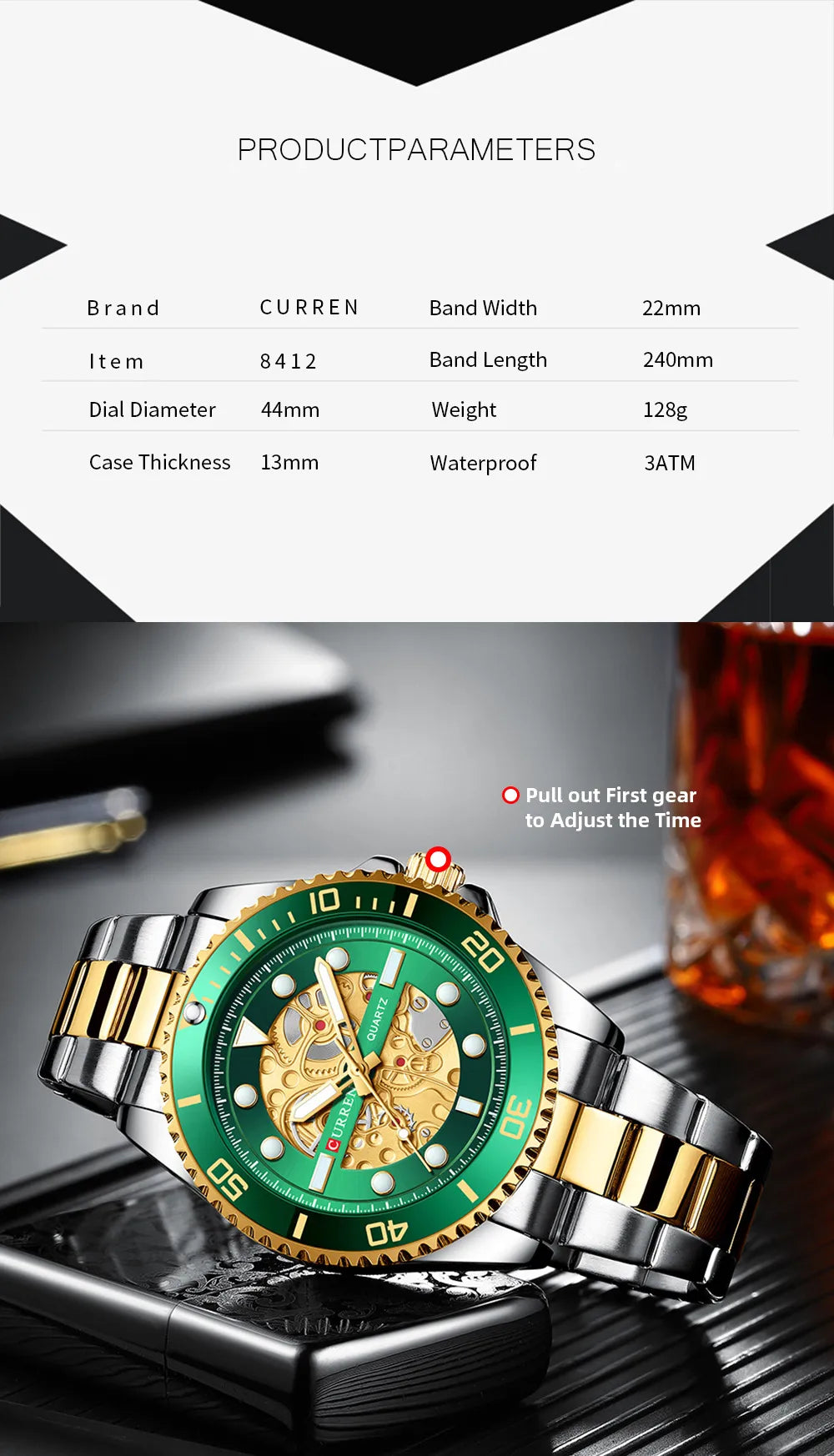CURREN Men's Skeleton Quartz Watch – Two-Tone Stainless Steel Diver Style