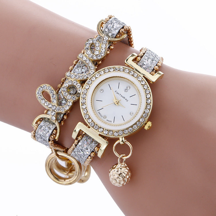 Women's Crystal LOVE Bracelet Watch | Quartz Analog Faux Leather Strap