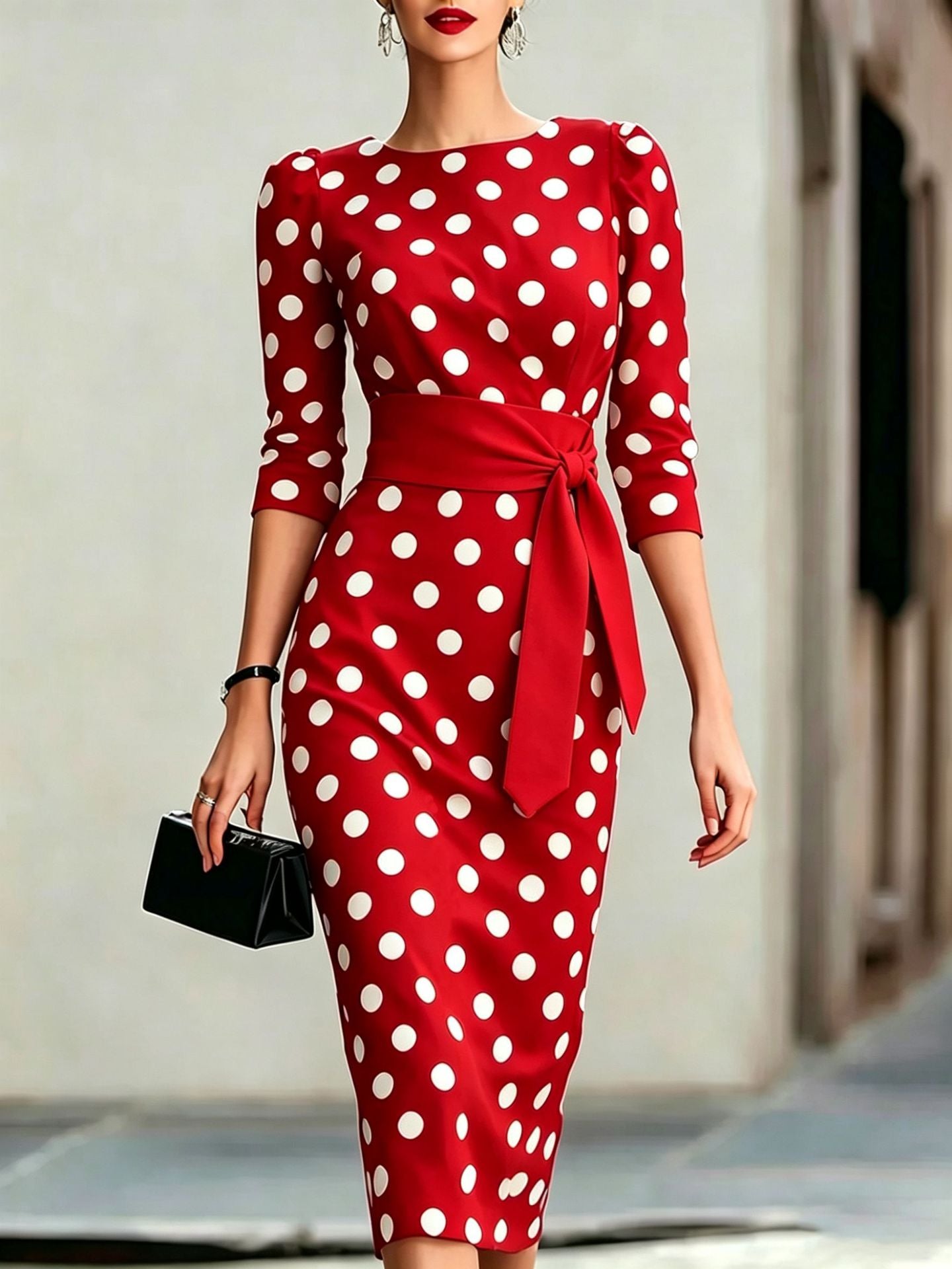 Women's Elegant Polka Dot Bodycon Midi Dress | Cross-Tie Slim Fit Party Dress