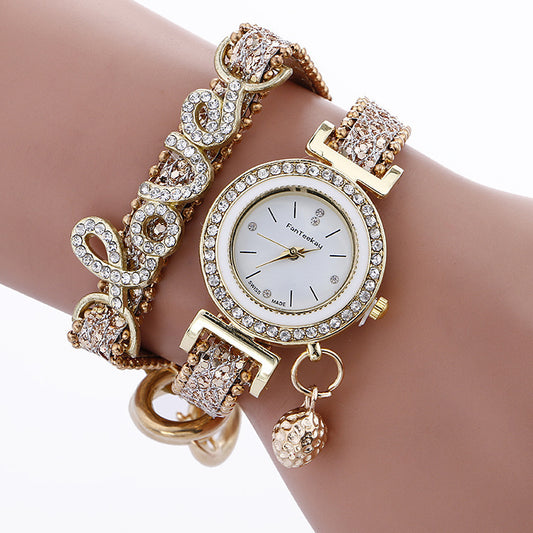 Women's Crystal LOVE Bracelet Watch | Quartz Analog Faux Leather Strap