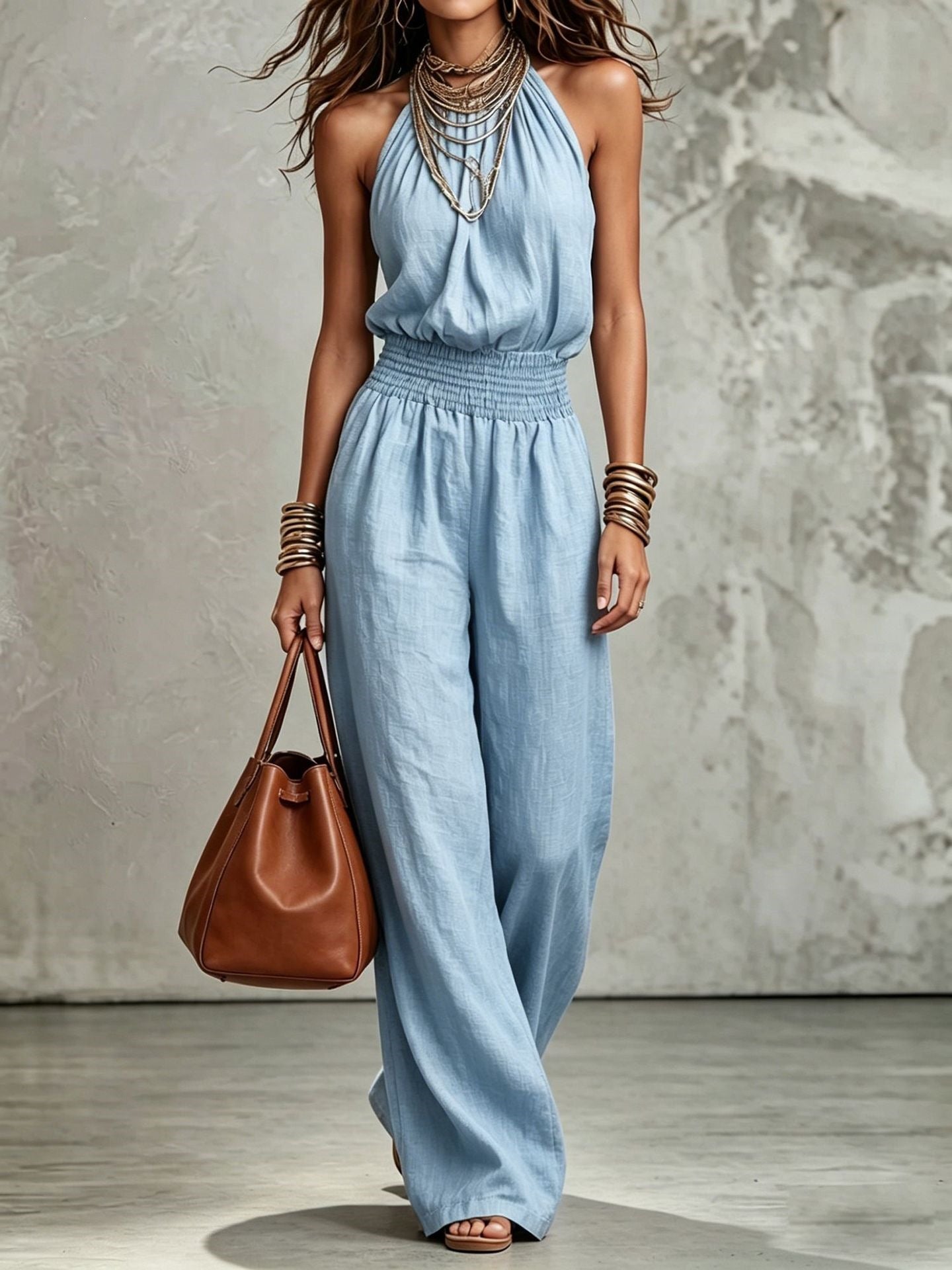 Women's Sleeveless Backless Halter Jumpsuit | Wide-Leg Lace-Up Onesie