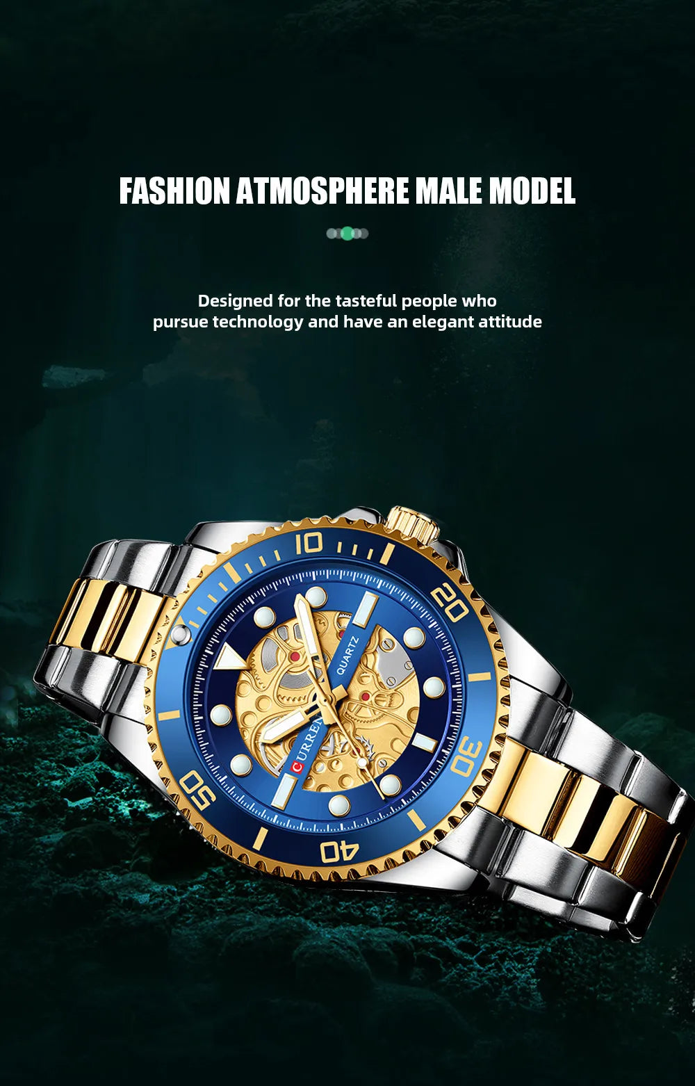 CURREN Men's Skeleton Quartz Watch – Two-Tone Stainless Steel Diver Style