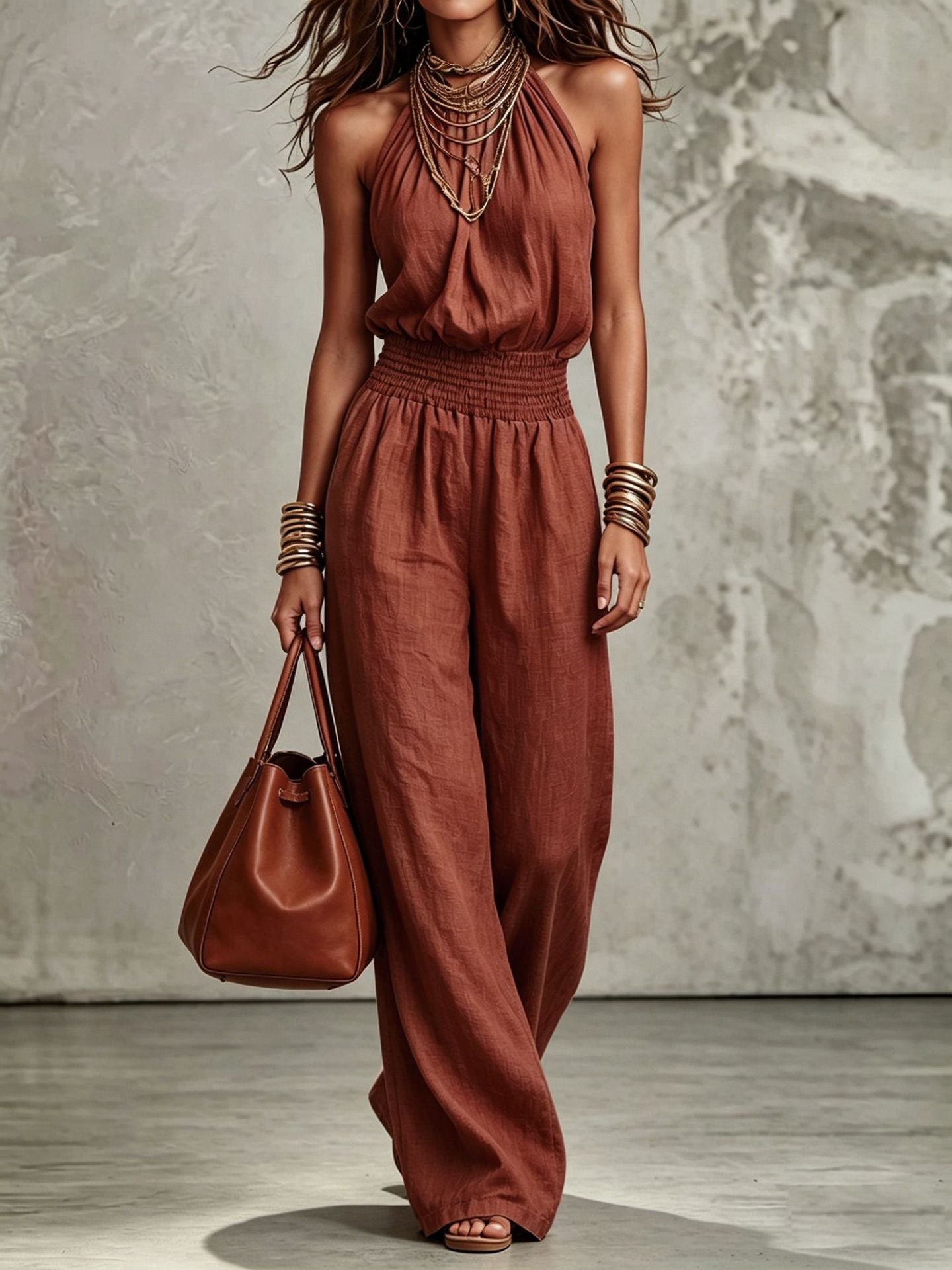 Women's Sleeveless Backless Halter Jumpsuit | Wide-Leg Lace-Up Onesie