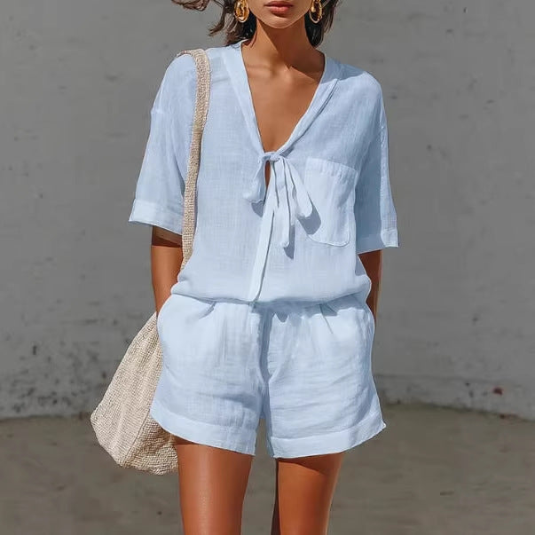 Women's Summer Lace-Up Short Sleeve Shirt & Loose Shorts 2-Piece Set