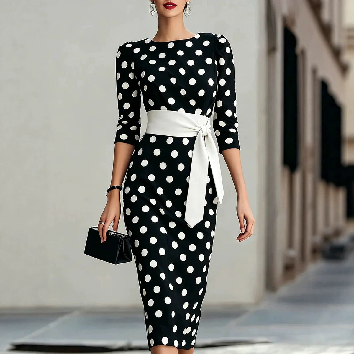 Women's Elegant Polka Dot Bodycon Midi Dress | Cross-Tie Slim Fit Party Dress
