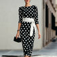 Women's Elegant Polka Dot Bodycon Midi Dress | Cross-Tie Slim Fit Party Dress
