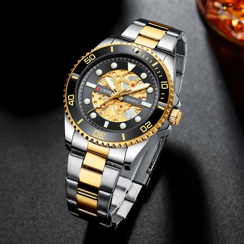 CURREN Men's Skeleton Quartz Watch – Two-Tone Stainless Steel Diver Style
