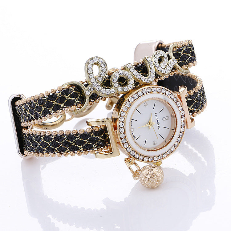 Women's Crystal LOVE Bracelet Watch | Quartz Analog Faux Leather Strap