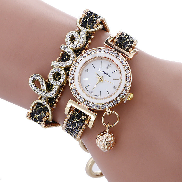 Women's Crystal LOVE Bracelet Watch | Quartz Analog Faux Leather Strap