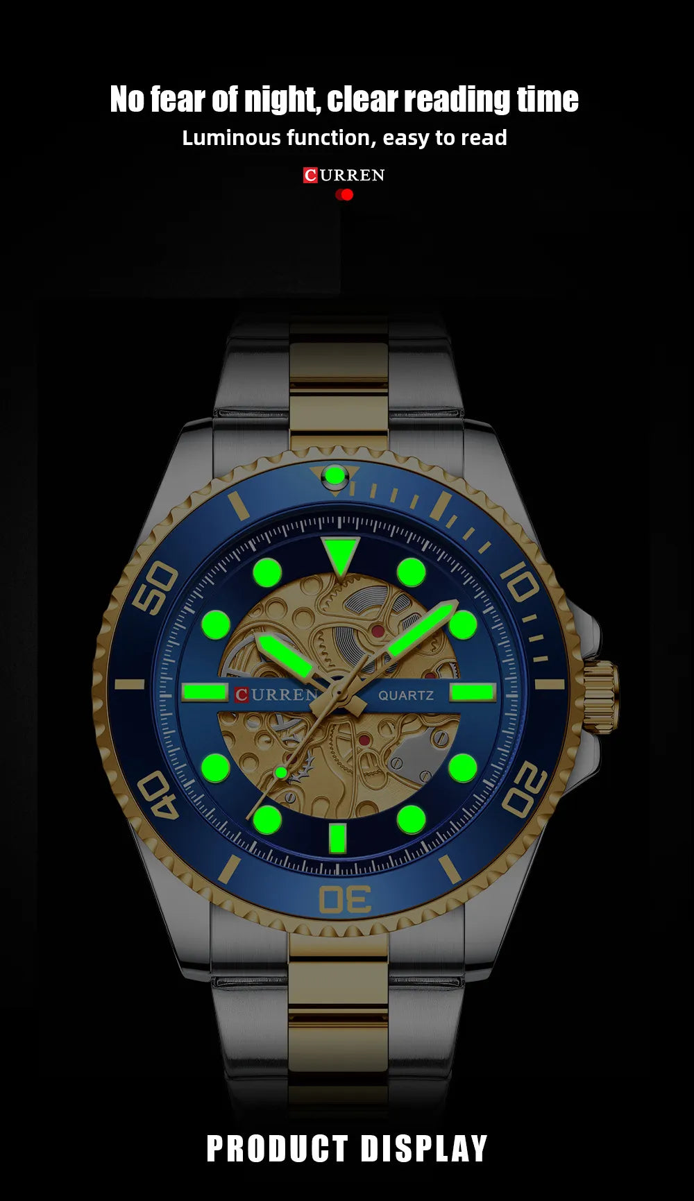 CURREN Men's Skeleton Quartz Watch – Two-Tone Stainless Steel Diver Style