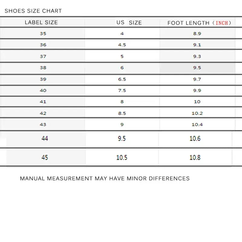 Athletic height-increasing sneakers sizing chart - sports shoe guide
